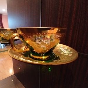 Vintage Set of Cup and Saucer Moser Bohemian Czech Emerald Green Gilded …